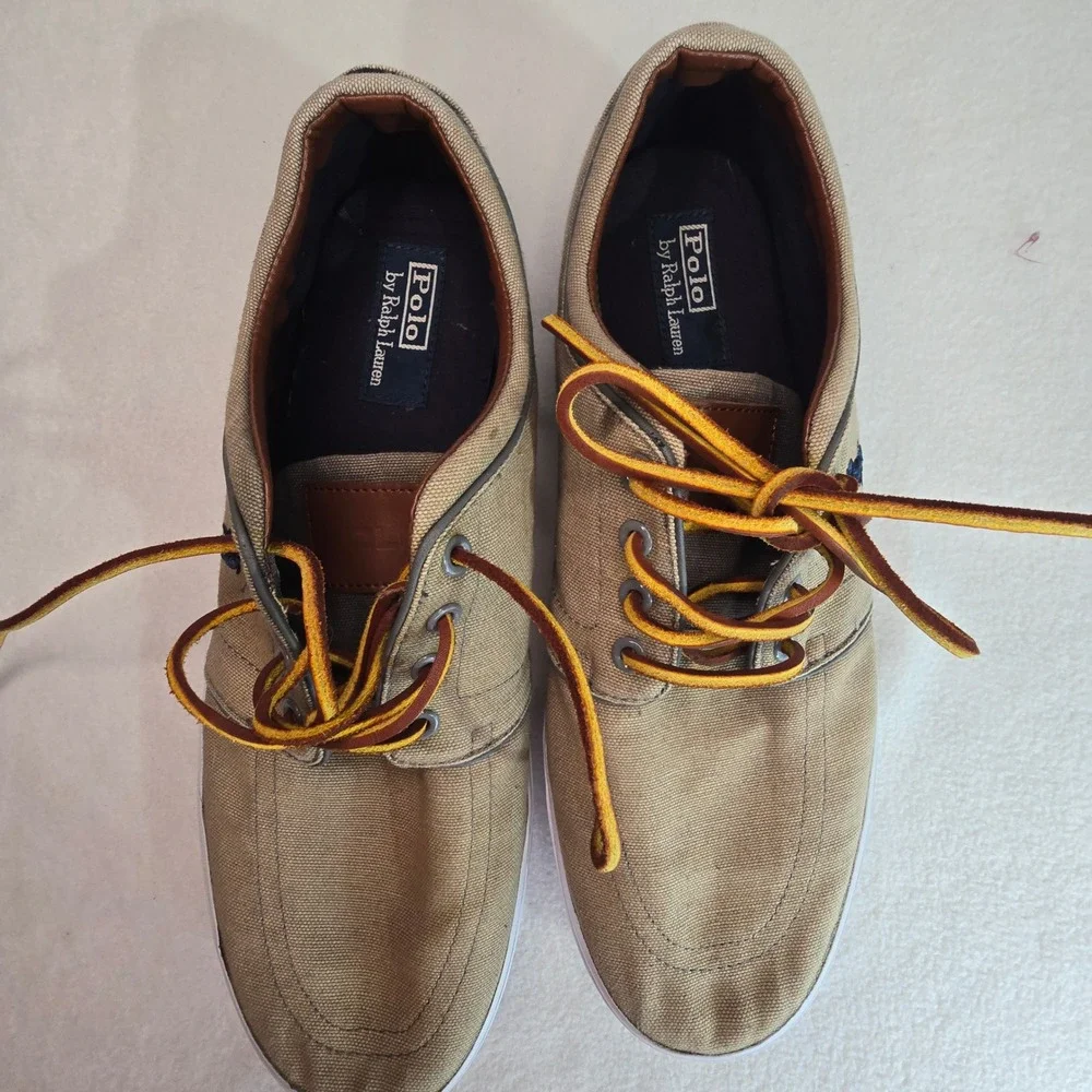 Polo Ralph Lauren Mens Canvas Sneakers Tan Preppy Leather Laces Pony Size 13D